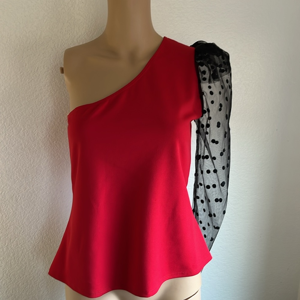 Red blouse off shoulder sheer black sleeve
